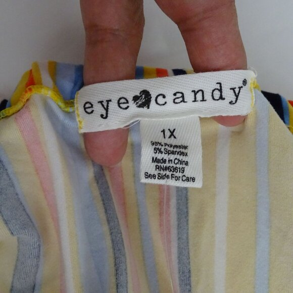 Eye Candy Multicolor Striped Off-Shoulder Jumpsuit Belted Size 1X Split Wide Leg - Picture 7 of 13